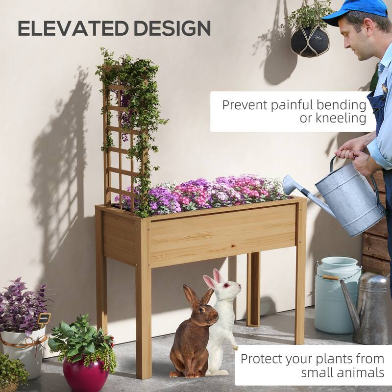 Elevated Wood Garden Bed Planter Box with Grid Trellis, Self-Draining