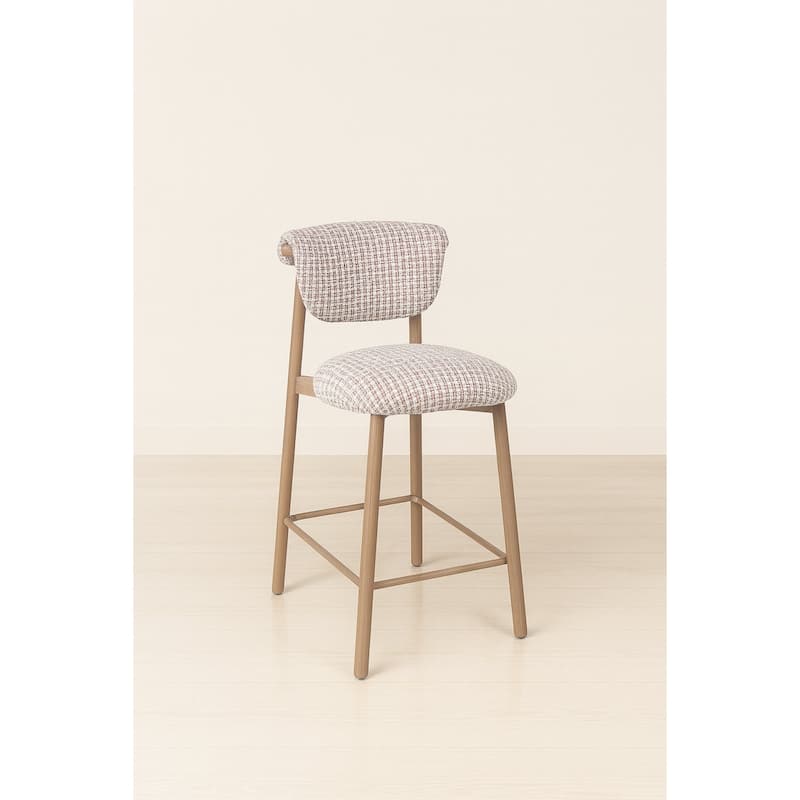 Set Of 2 Upholstered Counter Height Stools With Wood-look Metal Frame, Rolled Backrest, Woven Fabric - N/A