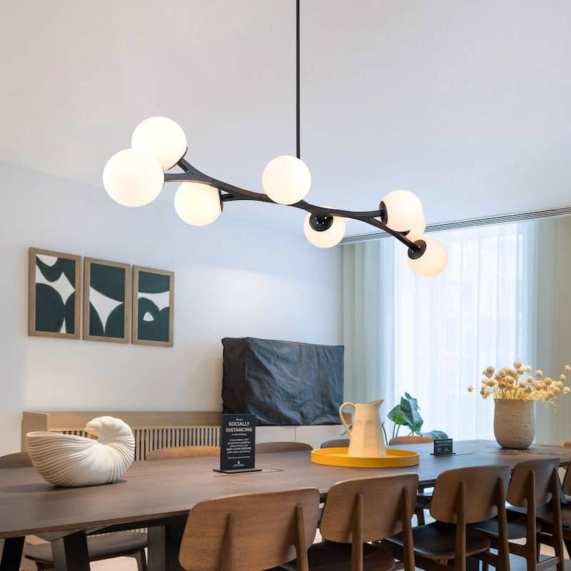 8 - Lights Modern Sputnik Linear Bubble Chandelier With Globe White Glass Shades