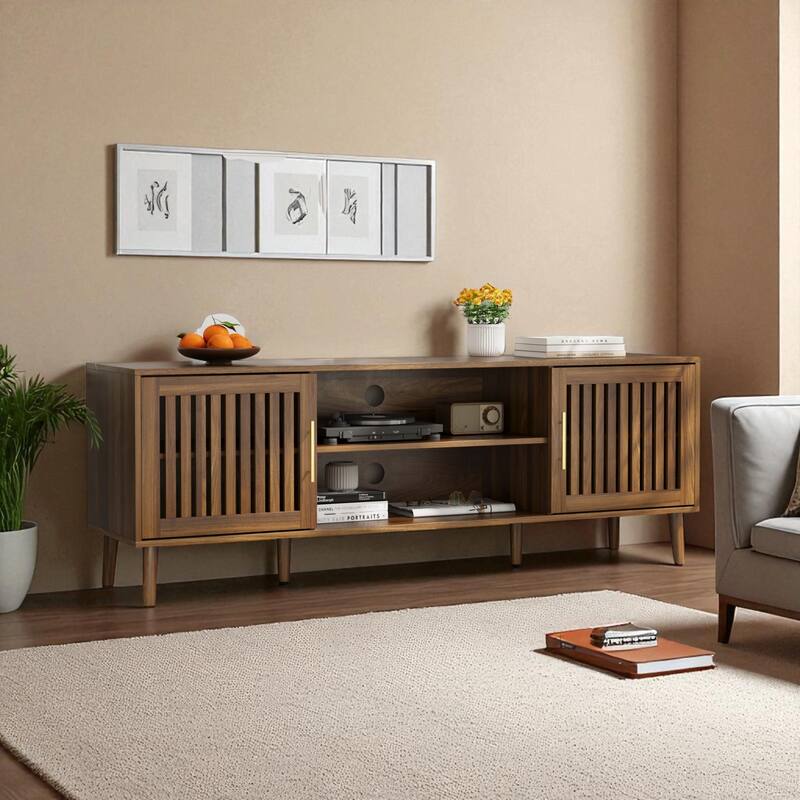 63" Walnut Media Console with 2 Grille Doors, Soft-Close Hinges, Adjustable Storage, Fits TVs up to 70", Farmhouse TV Cabinet