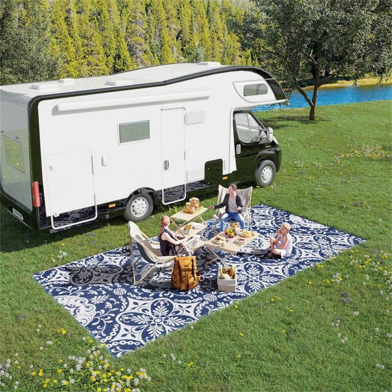 Reversible Outdoor Rug Large Picnic Blanket with Carry Bag for Camping, RV Trips and Backyard Use Blue White Floral