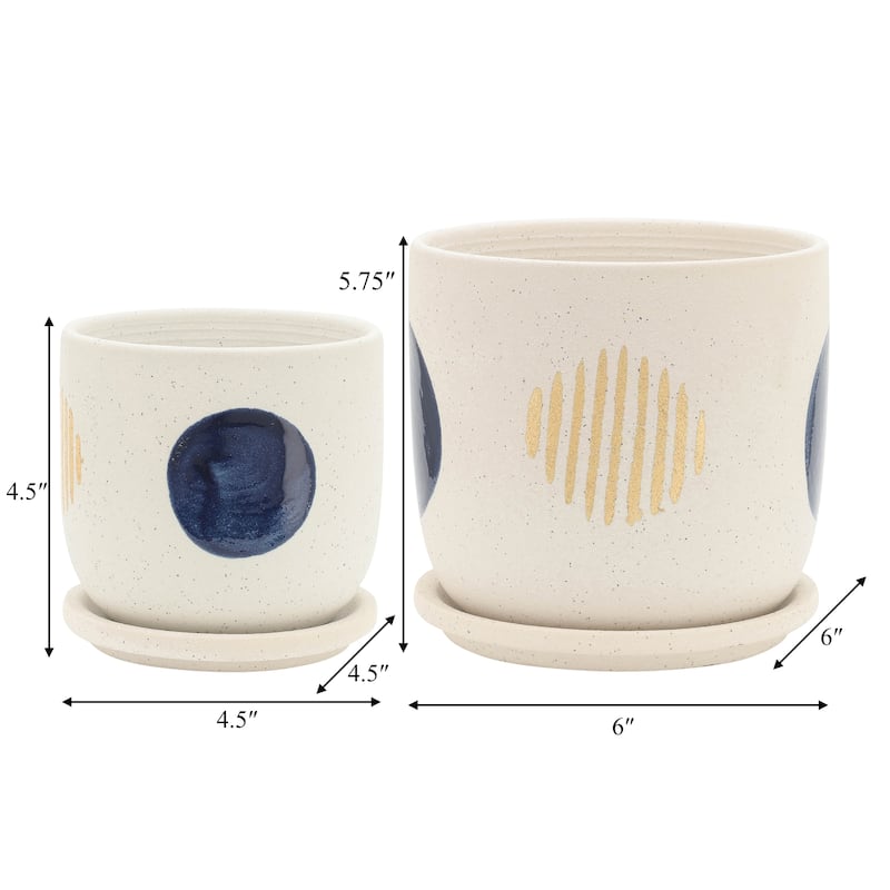 Set of 2 Ceramic Planters 5" & 6" White Planters on Saucers Contemporary Funky Circle Design For Indoor or Outdoor