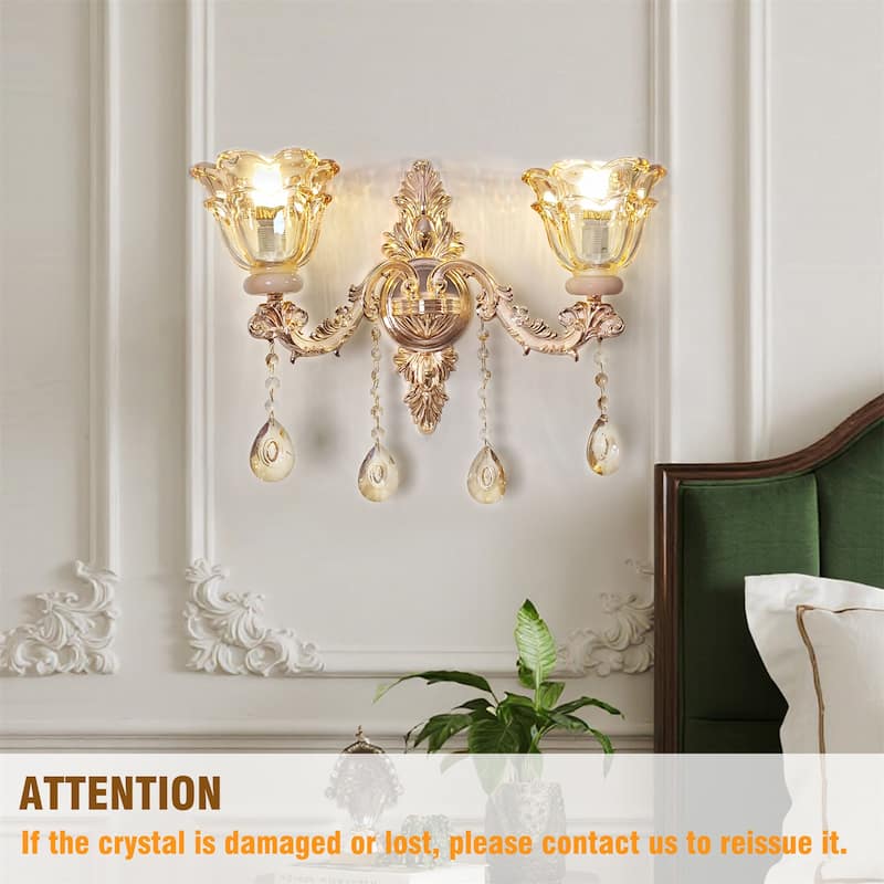 Antique Gold Crystal Wall Sconce Glass Flower Lampshade with Beveled Clear Crystals