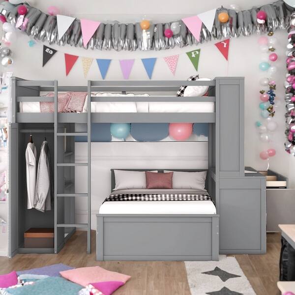 slide 2 of 15, Full Loft Bed with a Stand-alone bed, Shelves, Desk and Wardrobe, Grey Grey