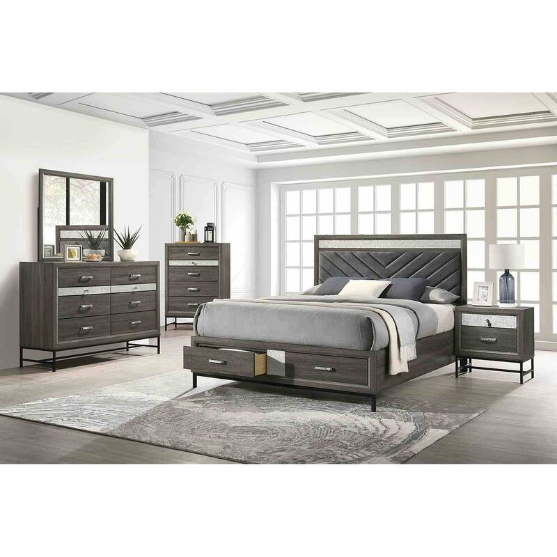 Contemporary Gray Finish Upholstered Bed with Storage Drawers Bedroom Furniture Set