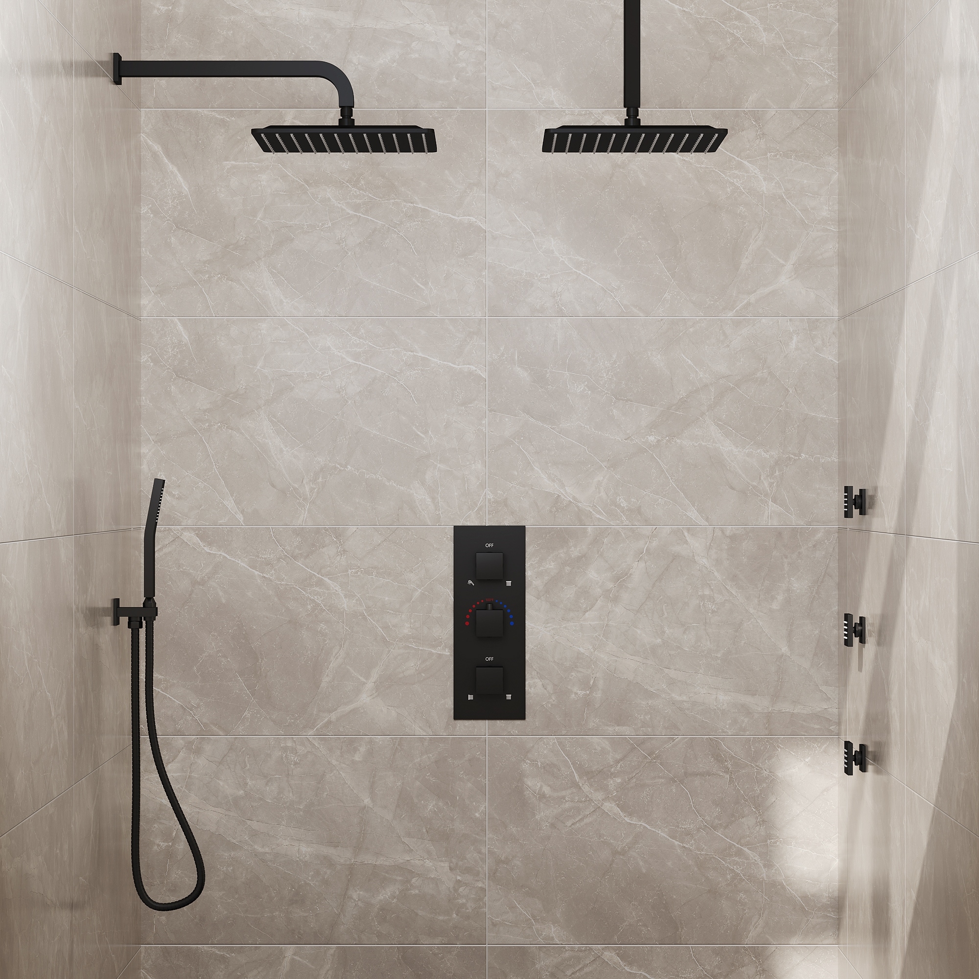 Thermostatic Faucet System 12" Dual Showerheads with 3 Body Jets and Rough-In Valve