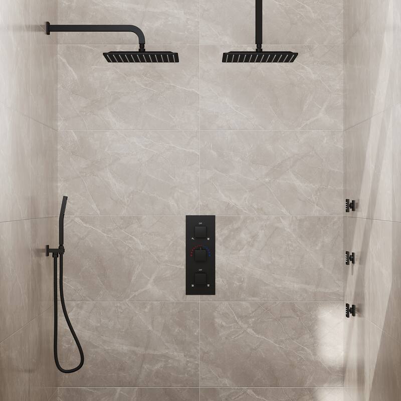 Thermostatic Faucet System 12" Dual Showerheads with 3 Body Jets and Rough-In Valve - Brushed Nickel