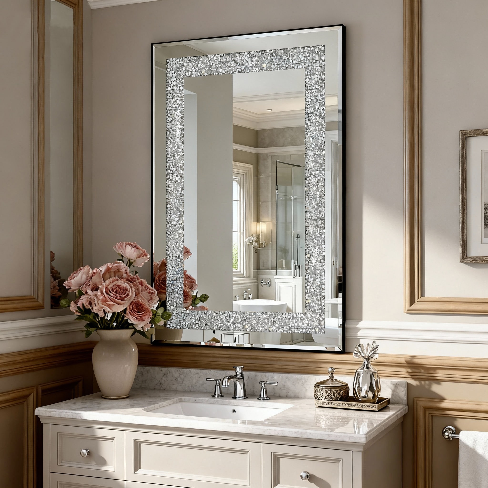 GDFStudio - Crystal Crush Diamond Rectangular Silver Wall Mirror - 36 x 24 Inch