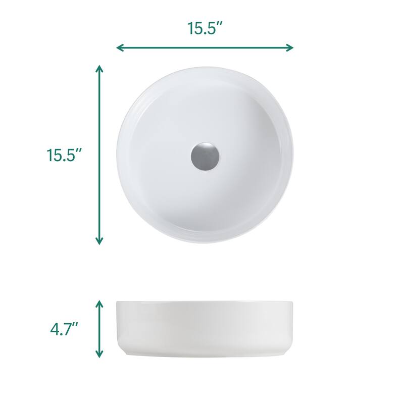 GDFStudio - Modern Sleek Vessel Integrated Round Ceramic Basin with Glossy Finish, Drain Not Included - 15.56"