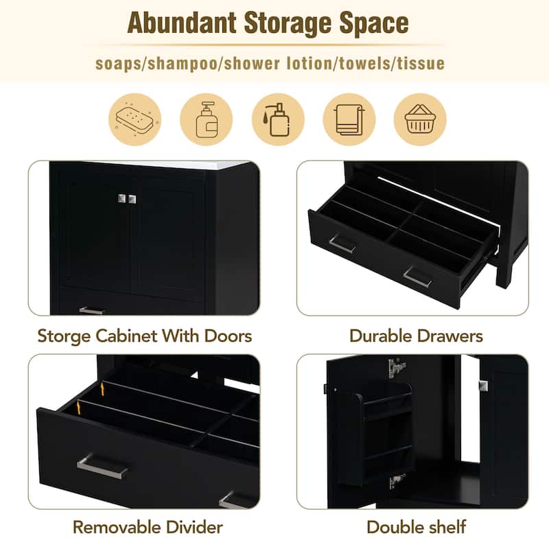GDFStudio - Aurora Wood & Ceramic Bathroom Vanity Set with Sink and Divided Drawers