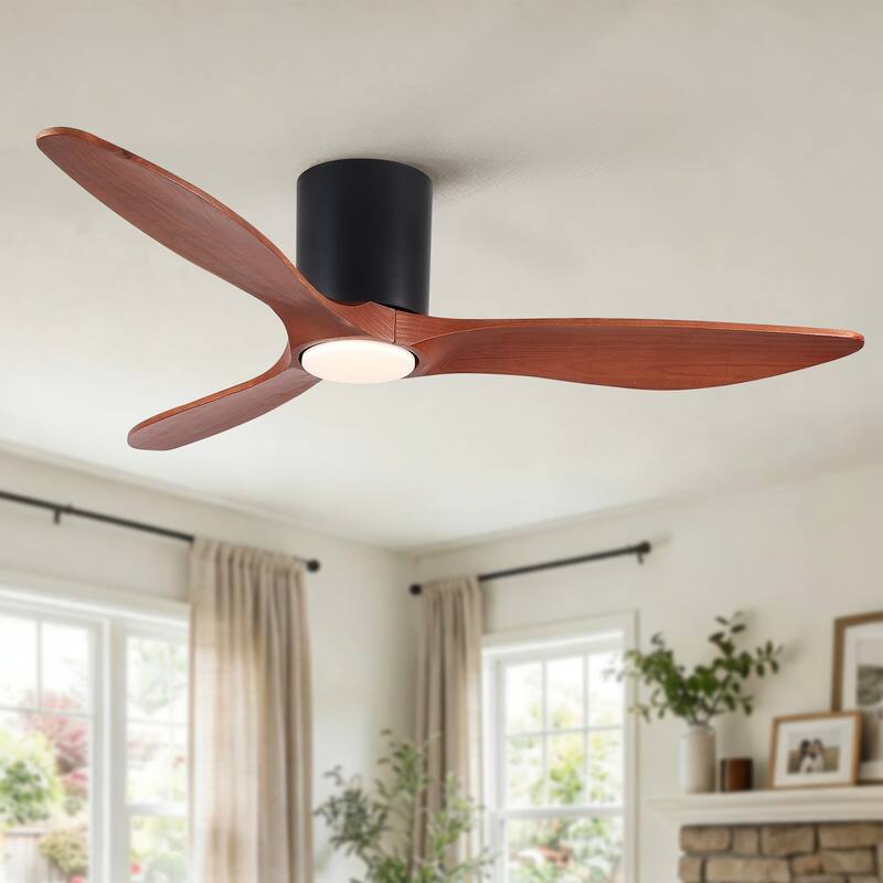 52" Mordern Farmhouse Retro Solid Wood Low Profile Flush Mount Ceiling Fan with Light and Reversible Quiet Motor