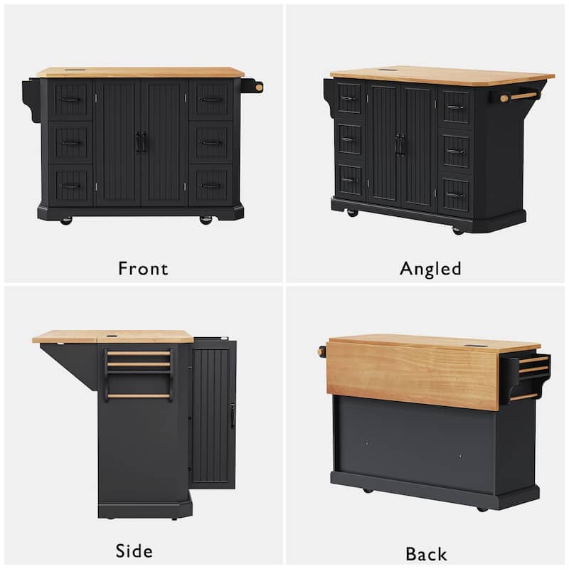 56 inch Kitchen Island with Rubber Wood Veneer Drop Leaf, Power Outlet, 4 Door Shelves, Rolling cart on 4 Wheels with 6 Drawers