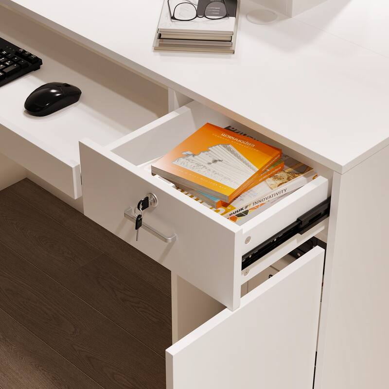 Reception Desk Checkout Counter with LED Display Shelves, Locking Drawer and Storage Cabinets