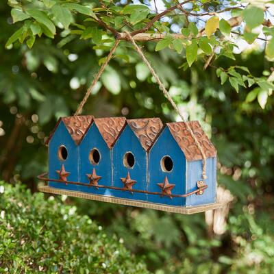 Glitzhome 17''L Retro Blue Distressed Solid Wood Birdhouse with Perch (KD) - 17"L