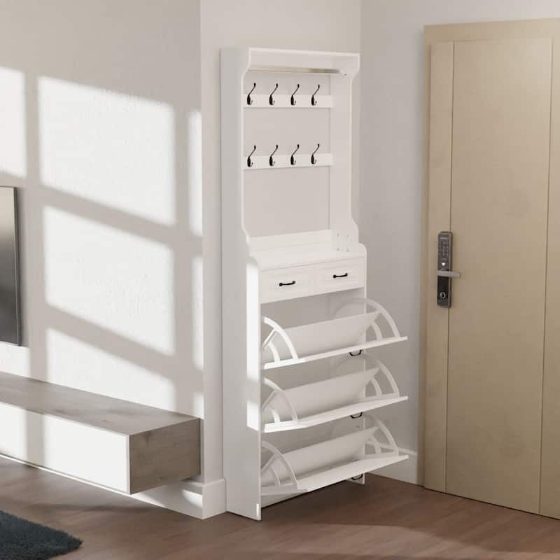 Wood Shoe Storage Cabinet 24-Pair Foldable Compartments Shoe Cabinet with 2-Drawer,3 Flip Drawers & Hanger