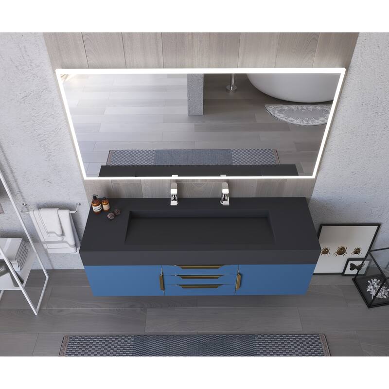 Nile 60" Wall Mounted Bathroom Vanity Set w/ Black Top