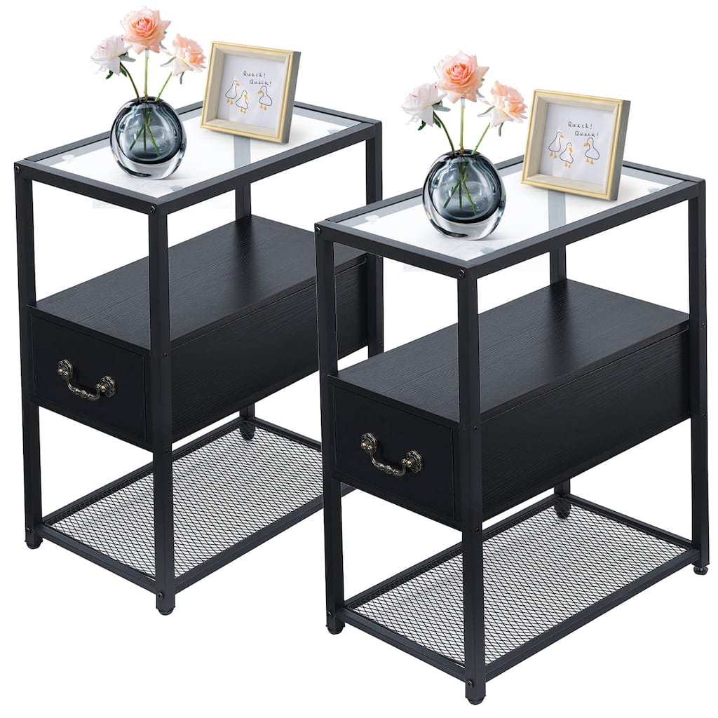 VECELO (Set of 2) 1-Drawer Modern Nightstands with Glass Top