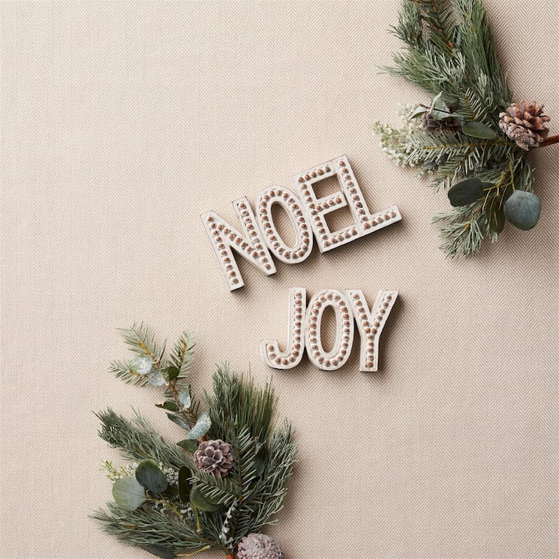 set of 2 white and brown noel and joy word block in resin 7"
