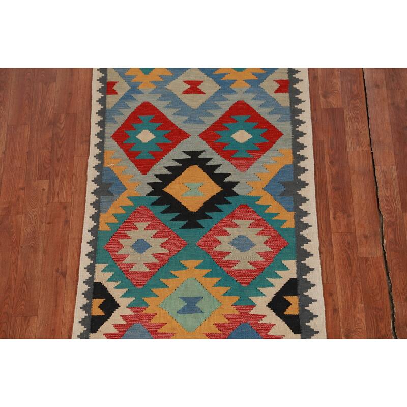 Hand Woven Oriental 100% Wool Carpet Southwestern All-Over Multi-Colored Kilim Runner Rug - 12' 10'' X 2' 9''