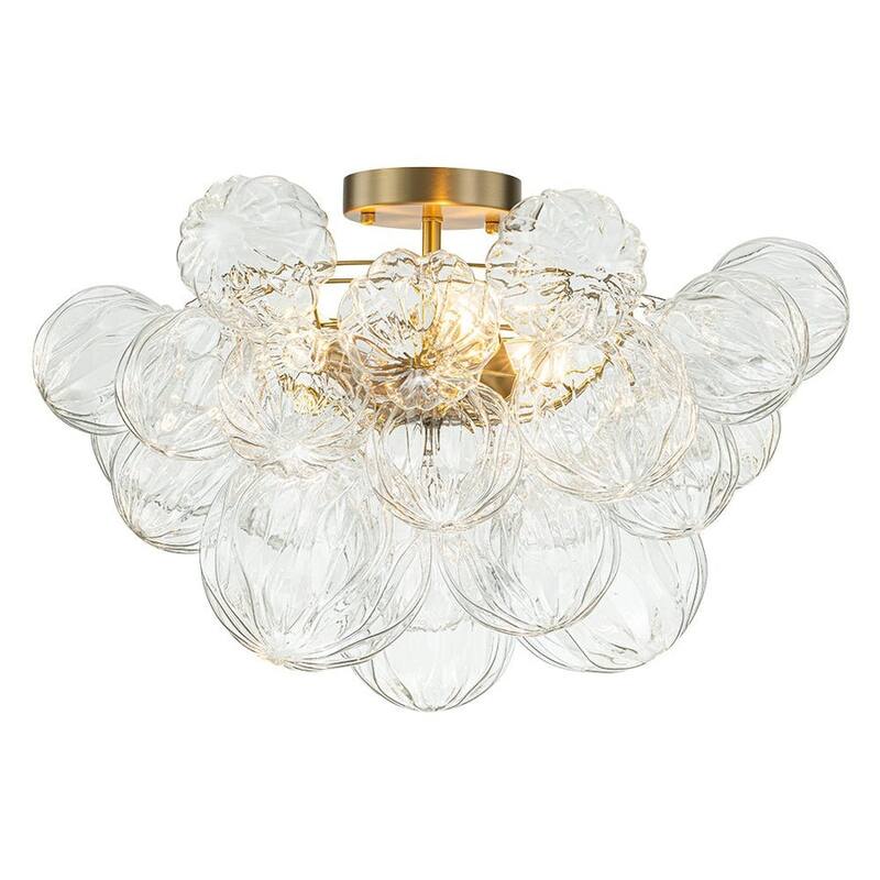 Brass 3-Light Faceted Glass Globe Cluster Bubble Semi Flush Mount