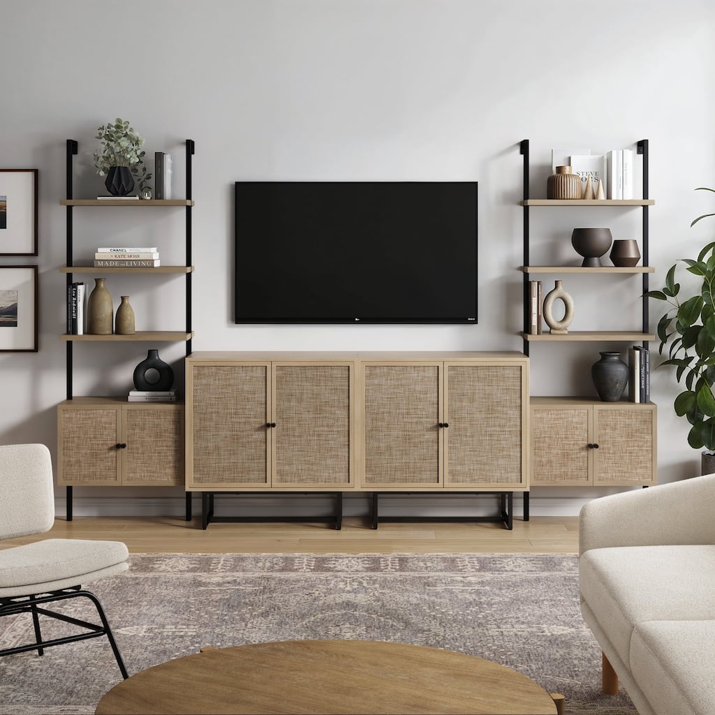 Kova Boho Rattan and Wood TV Wall Shelving Unit Accent Storage Cabinet with Metal Frame and Cane Doors
