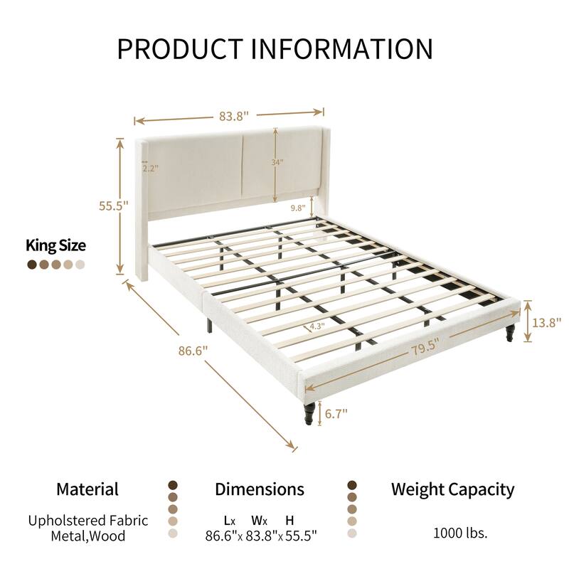 Boucle Upholstered Platform Bed with 55.5" High Wingback Headboard, Slats Support, Solid Wood Feet and Optional King or Queen