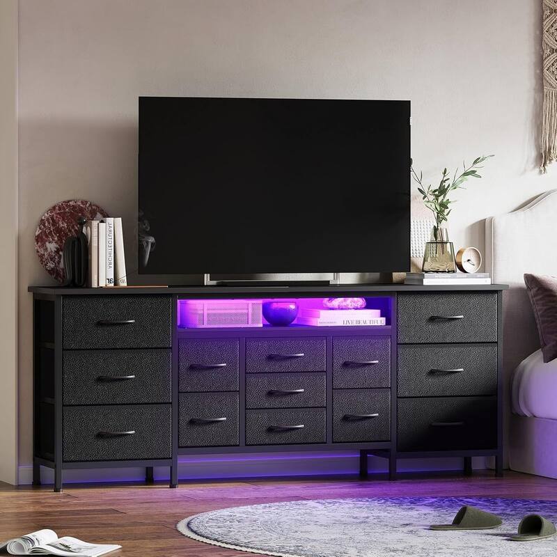 70 Inch Long Dresser TV Stand with 13 Chest of Fabric Drawers, Power Outlets and LED Lights - Black