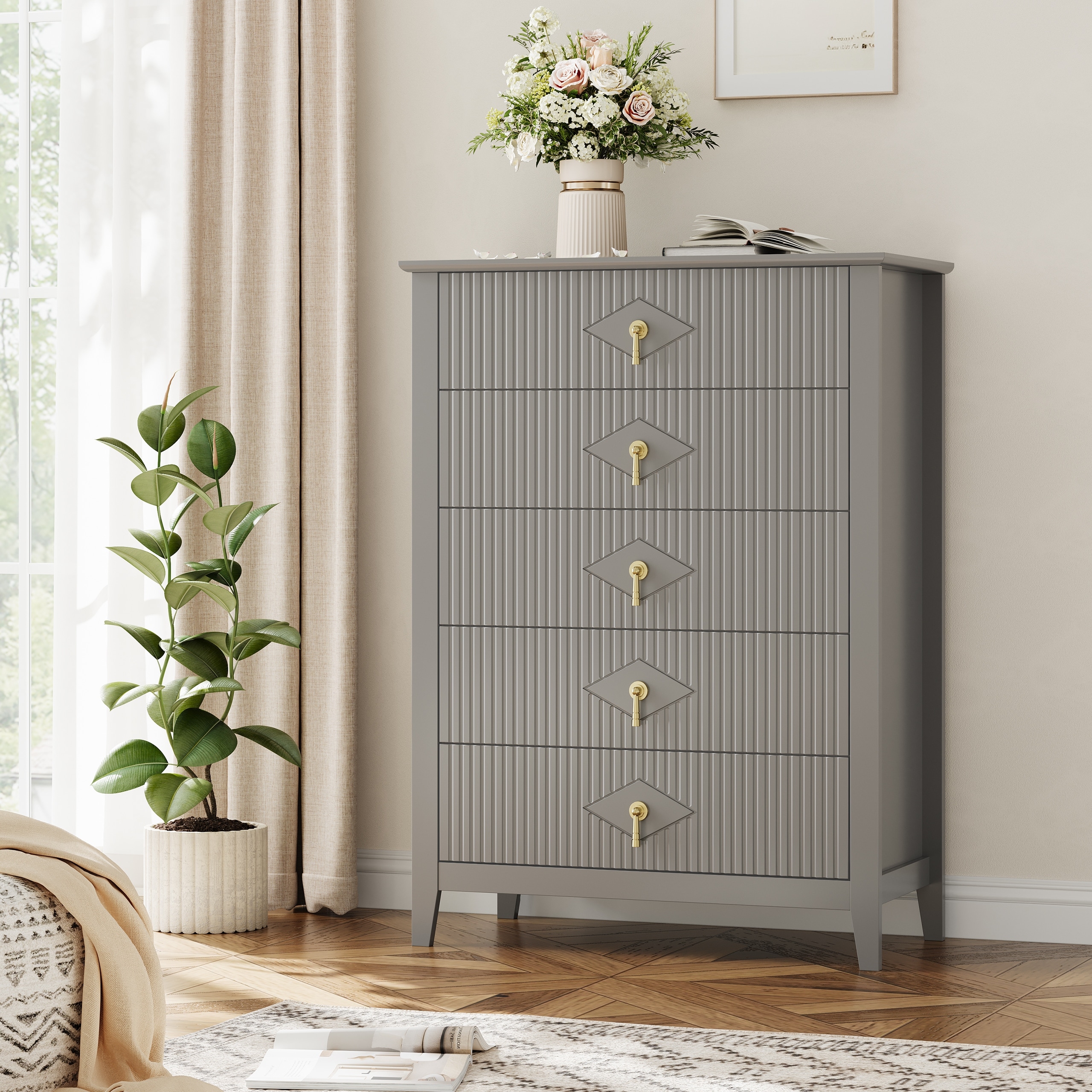 Fluted 5-Drawer Wood Dresser – Wide Chest with Metal Handles, Tall Storage Cabinet for Bedroom, Living Room, Entryway