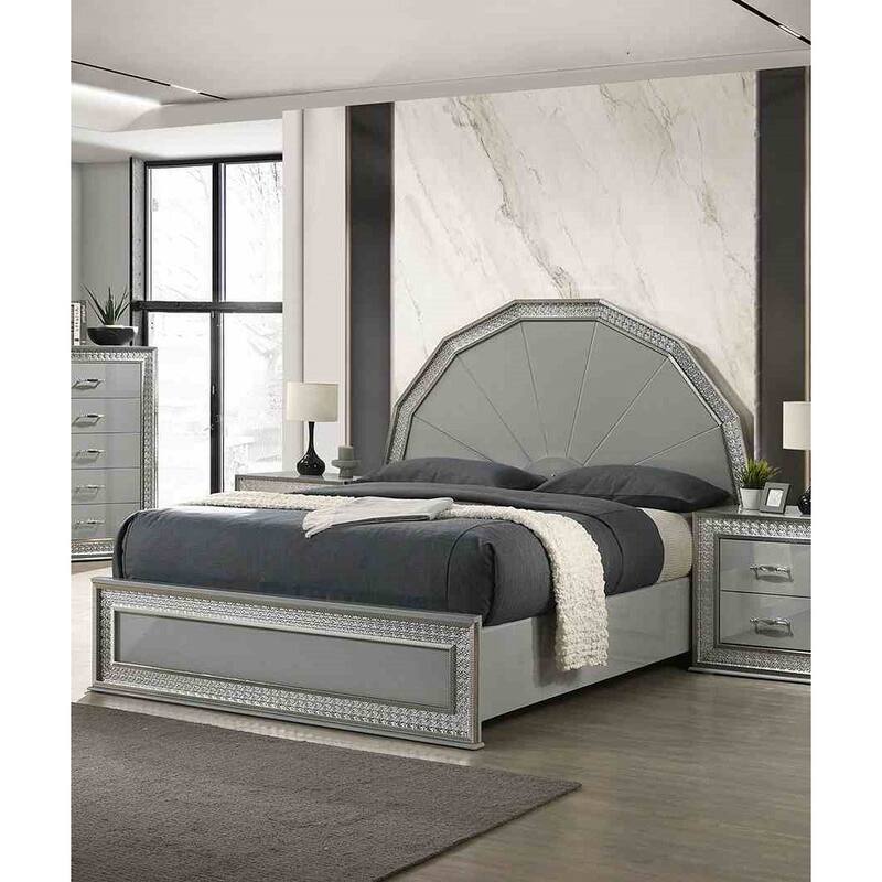Glam Metallic Gray Finish LED Bed 1pc Platform