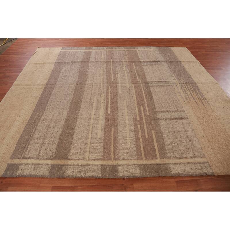 Hand Woven Oriental 100% Jute Carpet Modern Stripe Brown Kilim Area Rug - 9' 9'' X 8' 7''
