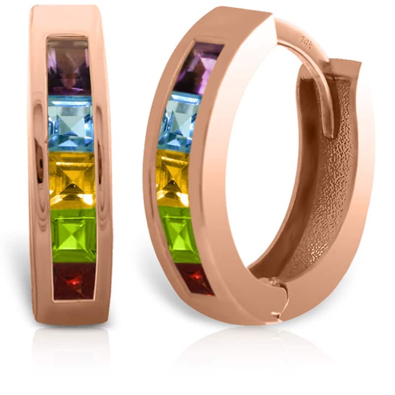 14K Solid Gold Elegant Hoop Huggie Earrings w/ Natural Multi Gemstones - Rose