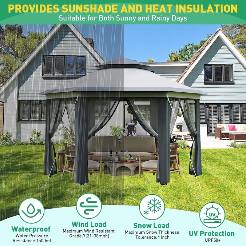 13' x 13' Hexagonal Pop Up Gazebo Canopy Shelter for Backyard, Garden, Lawn - 13' x 13'