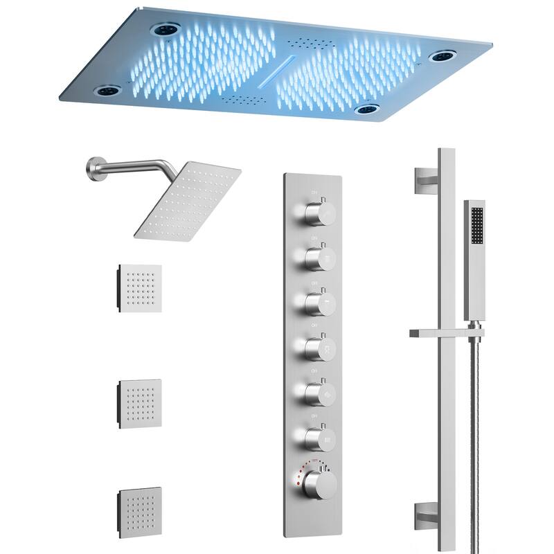 Thermostatic Dual Head System, 64-Color LED Mood Lighting 3-Functions Shower Head with Bluetooth Music & 3 Body Jets - Brushed Nickel