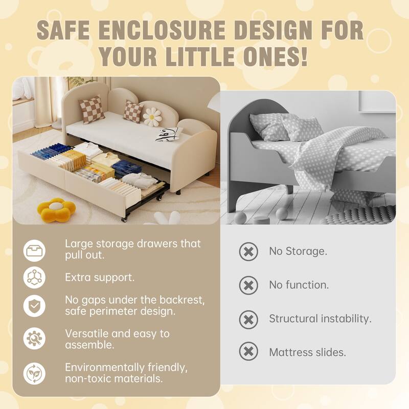 Flower-Shaped Velvet Upholstered Twin Daybed with Storage Drawer, Soft and Stylish Crib Bed