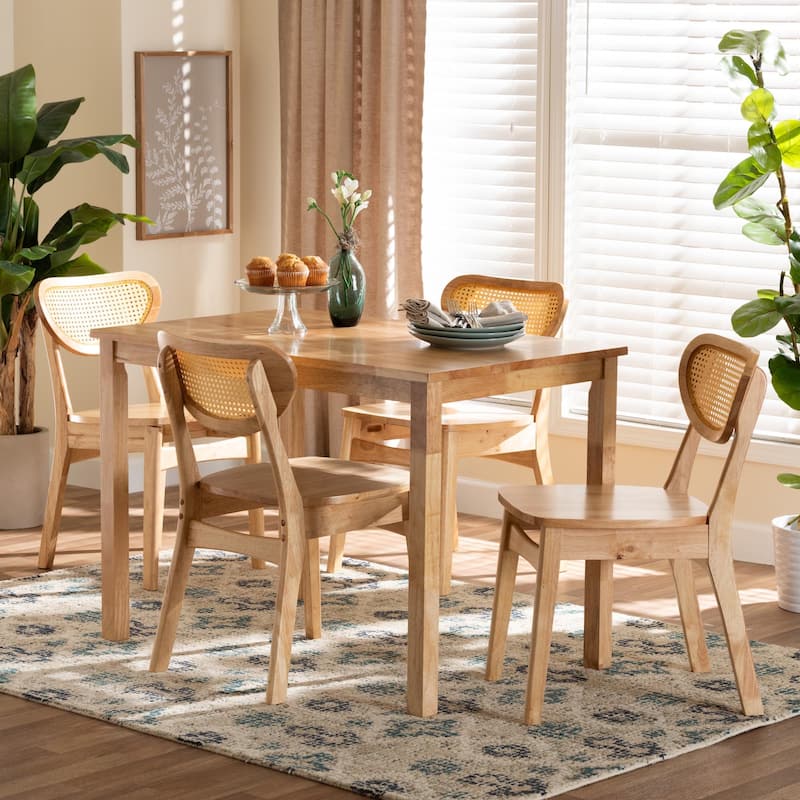 Haviland Mid-Century Oak Brown Finished Wood and Rattan 5-Piece Dining Set
