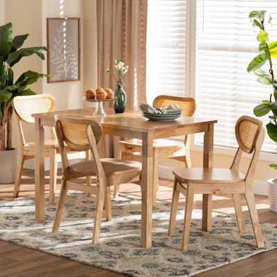 Haviland Mid-Century Oak Brown Finished Wood and Rattan 5-Piece Dining Set