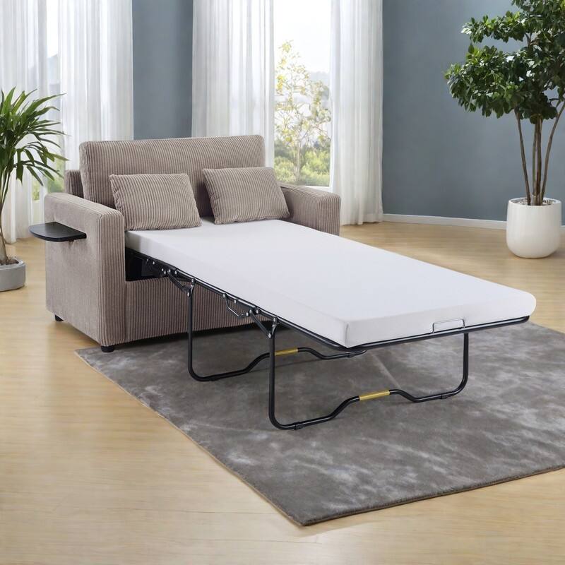 47.2" Corduroy Twin Sleeper Sofa with Foldable Mattress, Side Table, USB Ports, and Storage Pocket - Grey+Brown