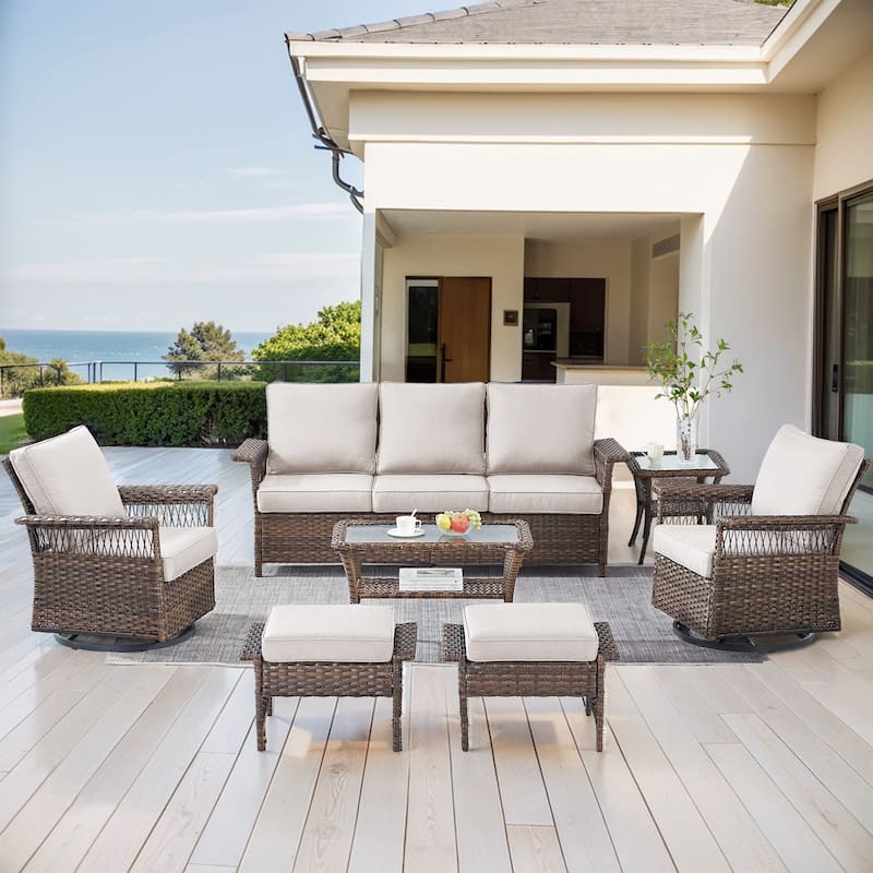 Outdoor Glider Chair with Soft Cushion - Brwon Wicker Beige Cushion - 7PCS Sofa Chairs Table with Ottoman