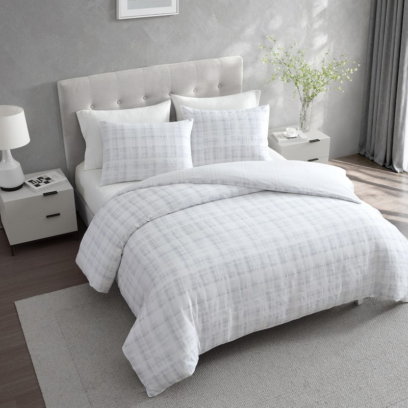 Vera Wang Blurred Plaid Cotton Sateen Textured Reversible Duvet Cover Set (Blue, 3 Piece)