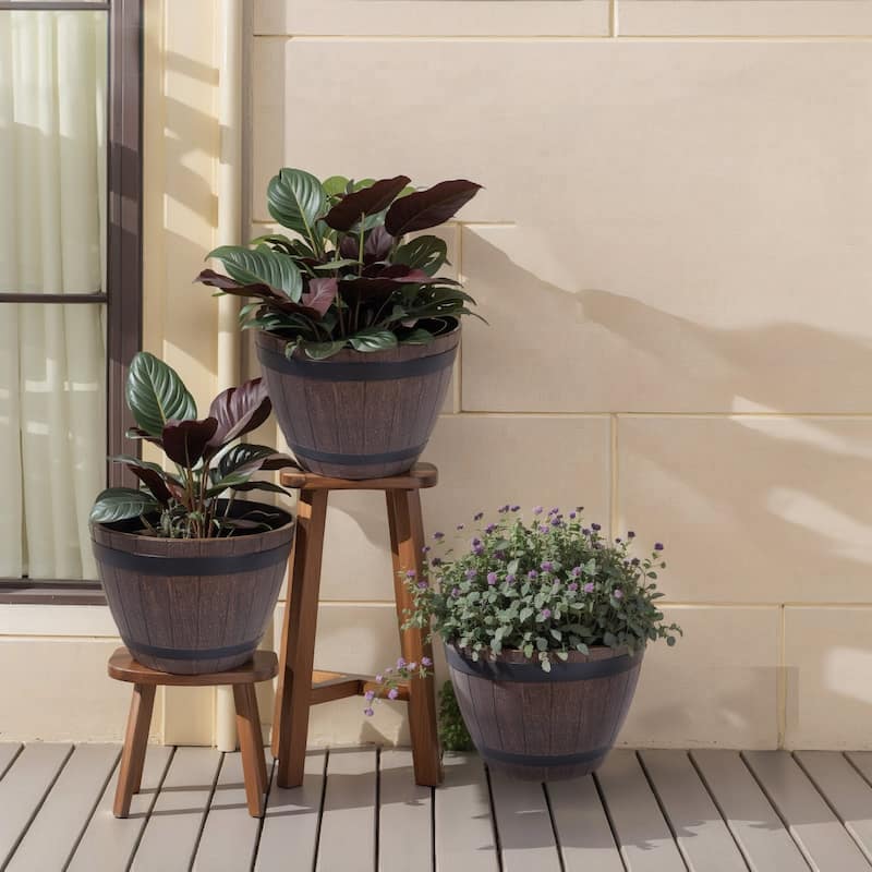 Javlergo 3 Pack 13" Planter Plastic Whiskey Barrel Planter with Drainage Holes & Black Saucers for Indoor Outdoor Use