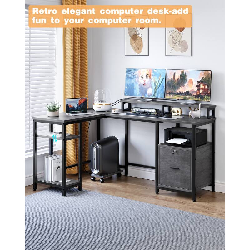 67" L Shaped Gaming Desk with Power Outlets and 2 Monitor Stands
