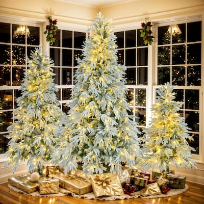 3-Piece Snow Flocked Christmas Tree Set with LED Lights and 8 Flashing Modes