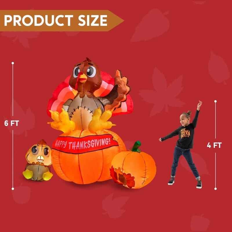 6 ft. Tall Brown, Yellow & Red Plastic Turkey on Pumpkin Inflatable