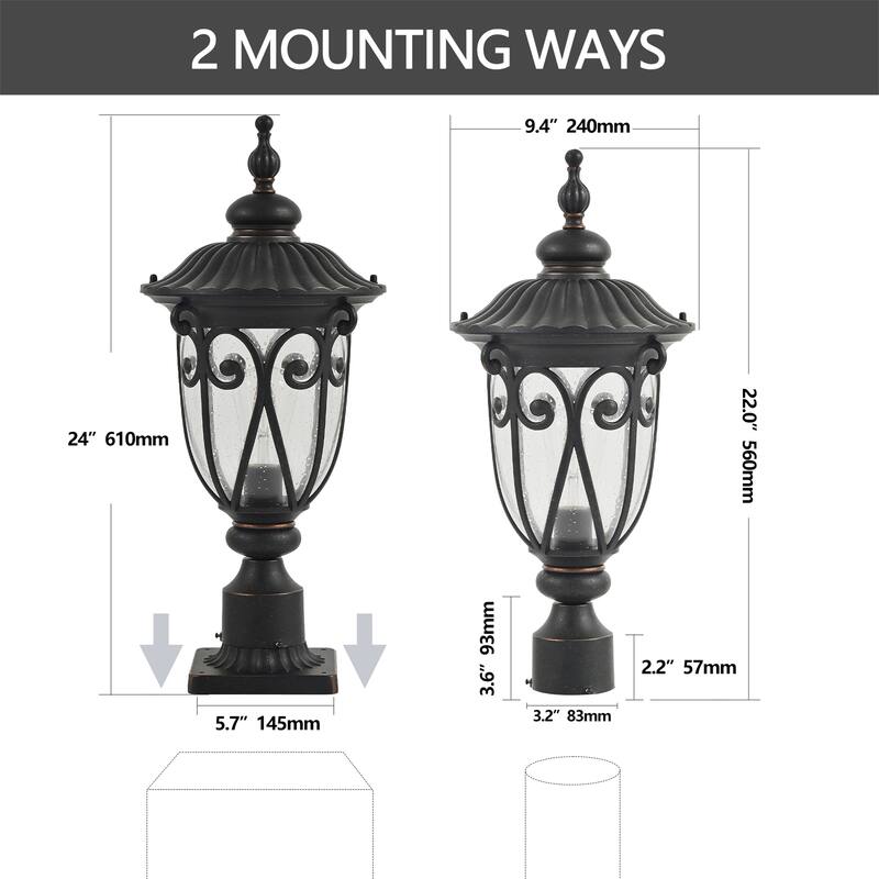 24" Outdoor Black Post Lantern with Bubble Glass & Aluminum, 1-Pack