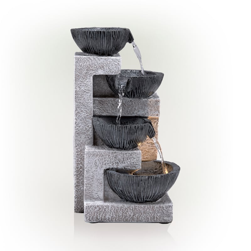 Alpine Corporation 14" Tall Cascading Tabletop Bowl Fountain Decoration with LED Lights, Gray