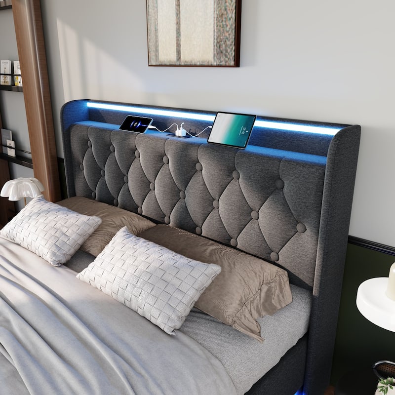 360° LED Light Upholstered Full Bed with USB Charging, Hydraulic Storage, Tufted Headboard, Remote Control