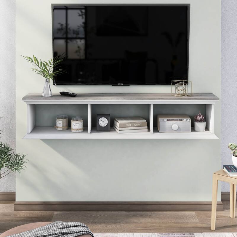 DH BASIC Transitional White 63-Inch 3-Shelf Floating TV Stand by Denhour - Vintage Grey Oak