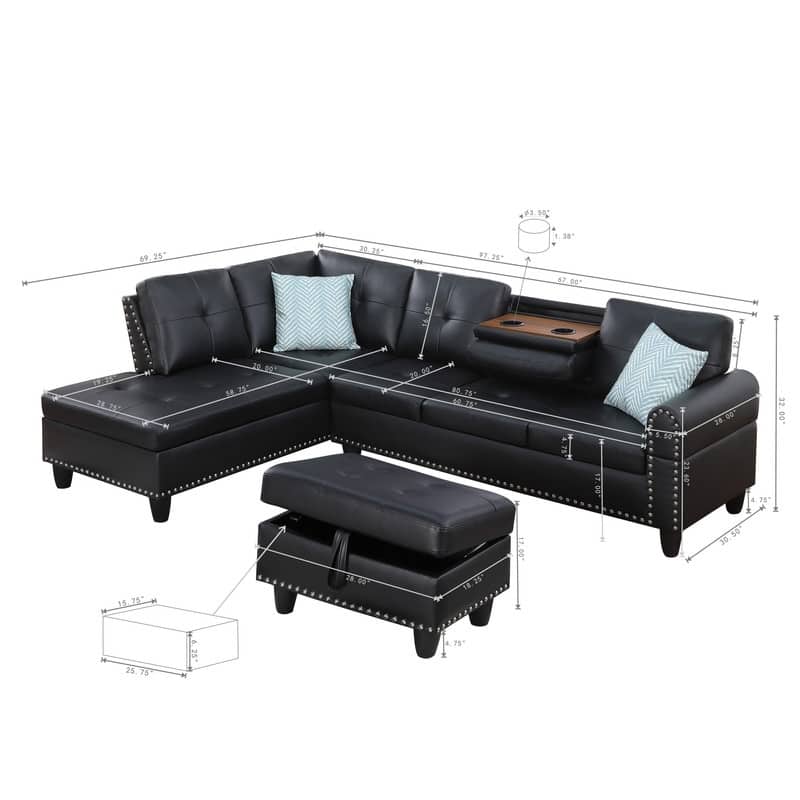 Faux Leather L-Shaped Sectional Sofa with Ottoman&Storage,4-Seater with Cup Holders