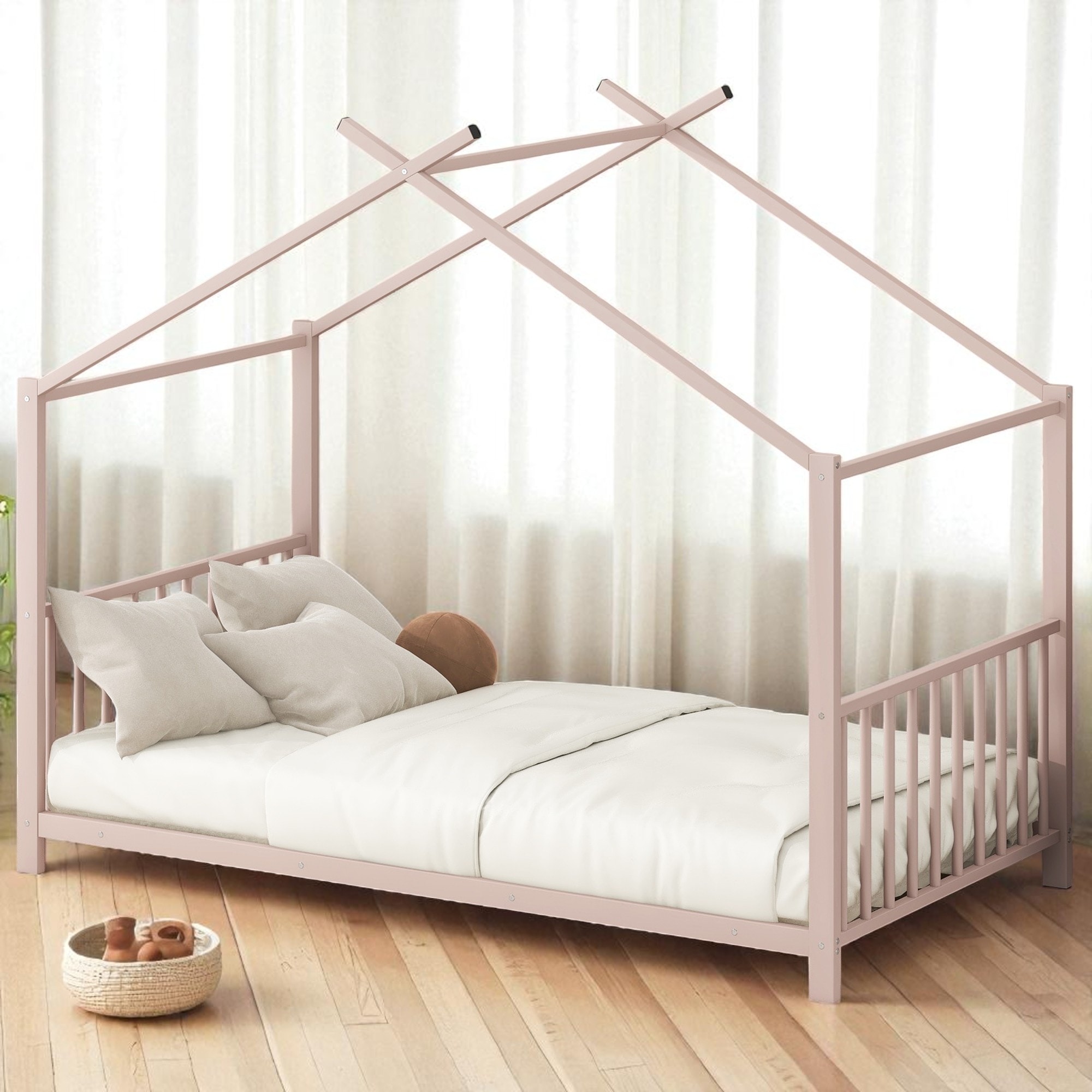 Twin Size Metal House Platform Bed Frame with Slat Support, Roof Design Headboard and Sturdy Steel Construction