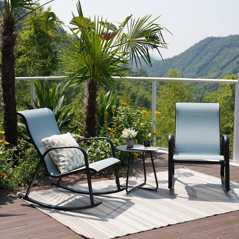 3-Piece Metal Outdoor Patio Bistro Rocking Chair Set, for Front Porch, Garden, Patio, Backyard - Blue
